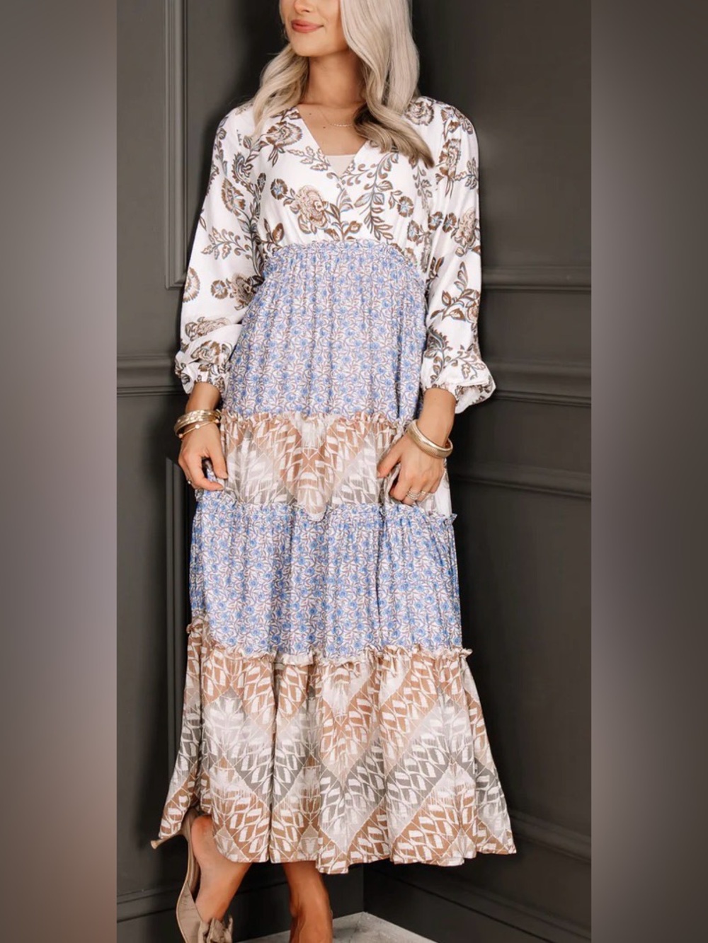 Jodifl Women’s Boho Tiered Maxi Dress in Blue and Cream